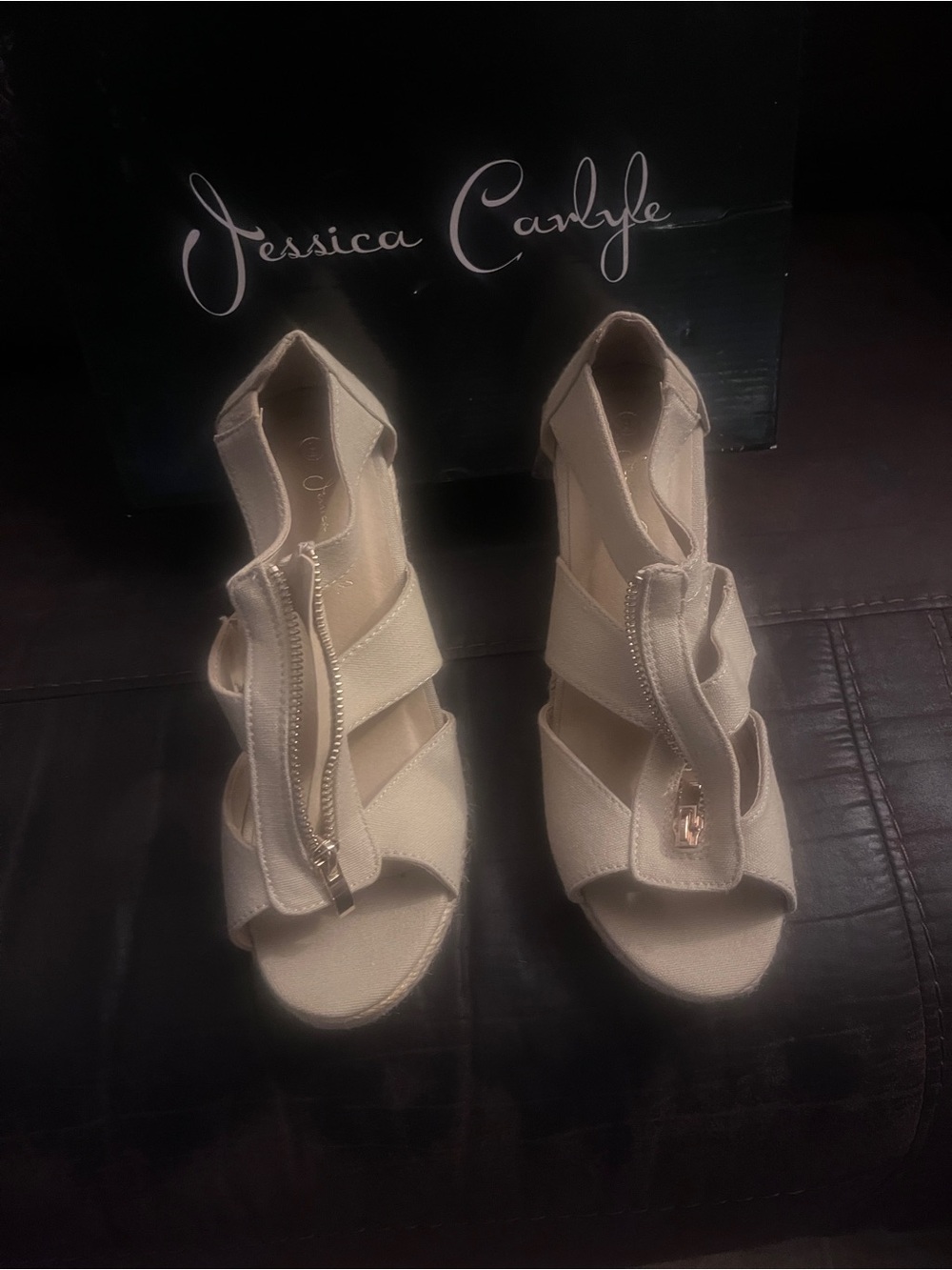 Beige Wedge Sandals with Front Zip